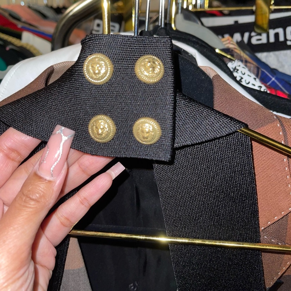 Balmain Zebra Jacquard Zip Embellished Ribbed Knit Halter Gold Button Mini Dress - Picture 11 of 17